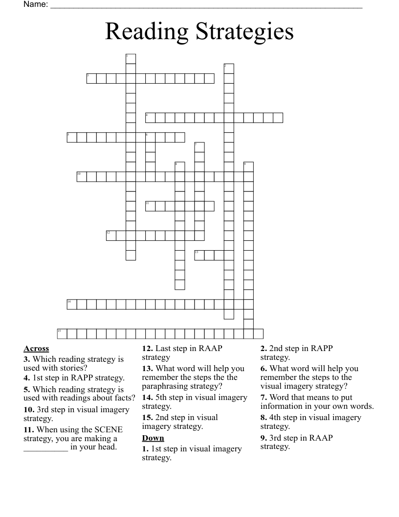 Reading Strategies Crossword