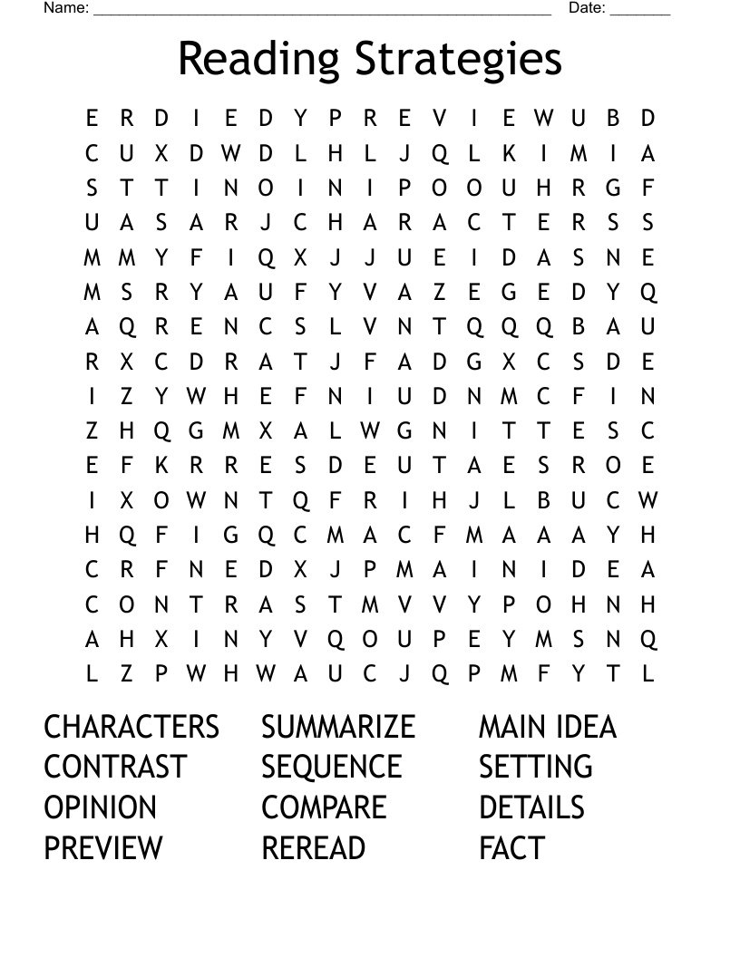 Reading Strategies Word Search