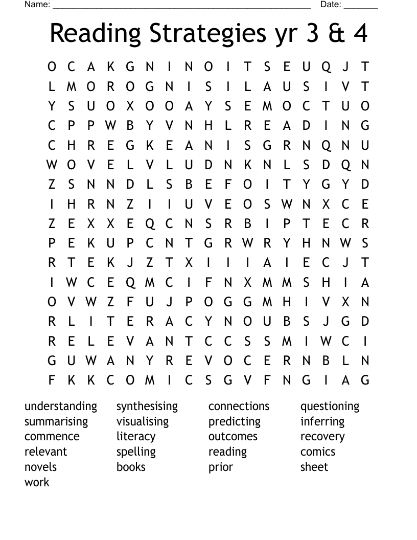 Reading Strategies yr 3 & 4 Word Search