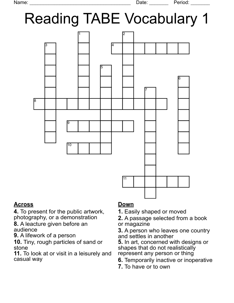Reading TABE Vocabulary 1 Crossword