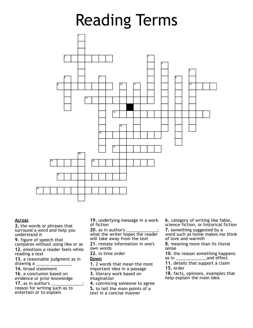 Reading Terms Crossword
