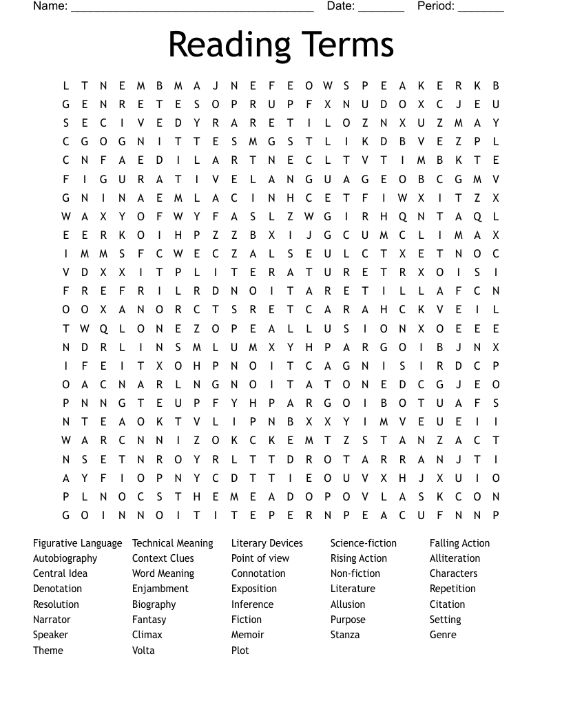 Reading Terms Word Search