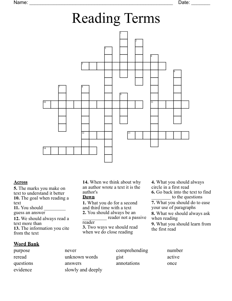 Reading Terms Crossword