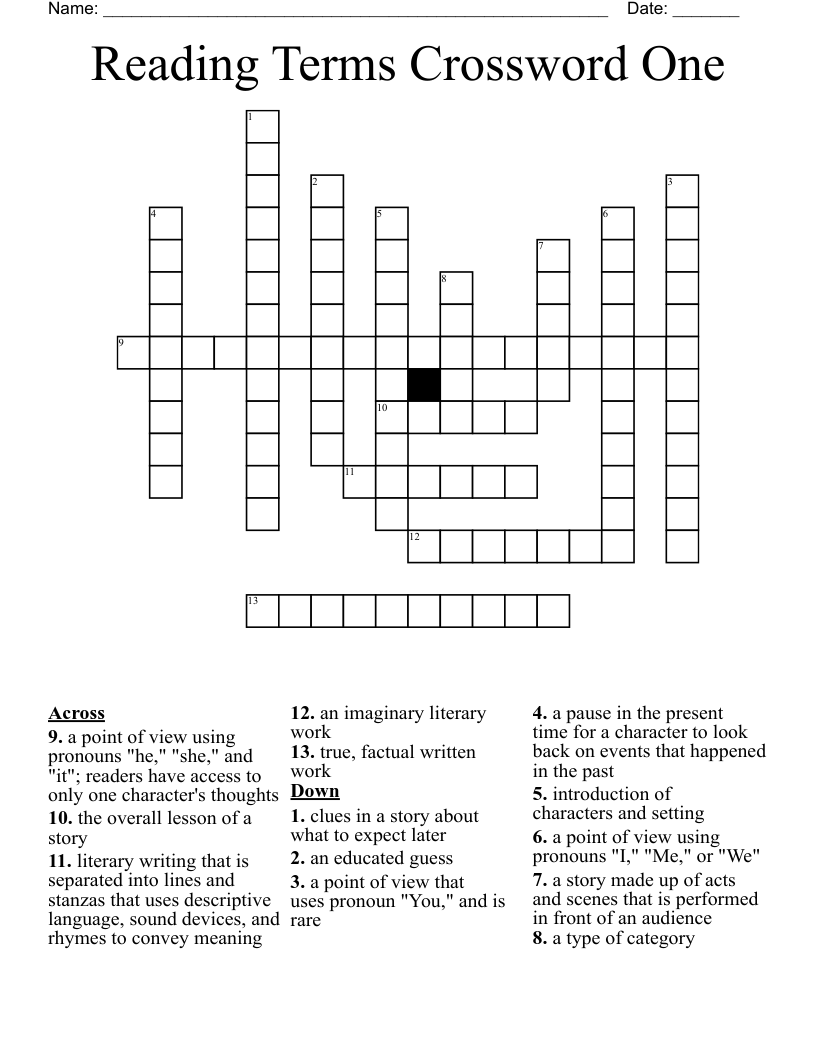 Reading Terms Crossword One 