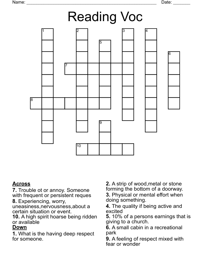 Reading Voc Crossword