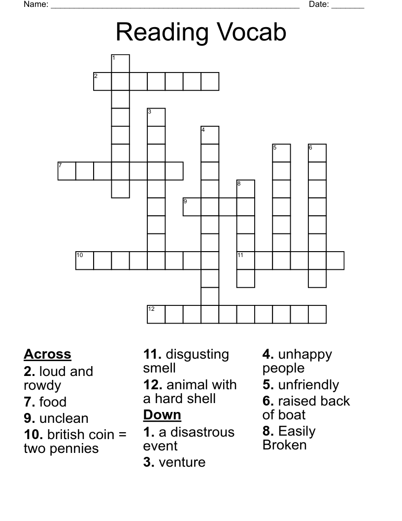 Reading Vocab Crossword