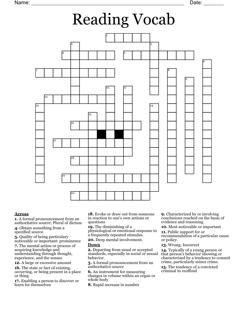 Reading Vocab Crossword