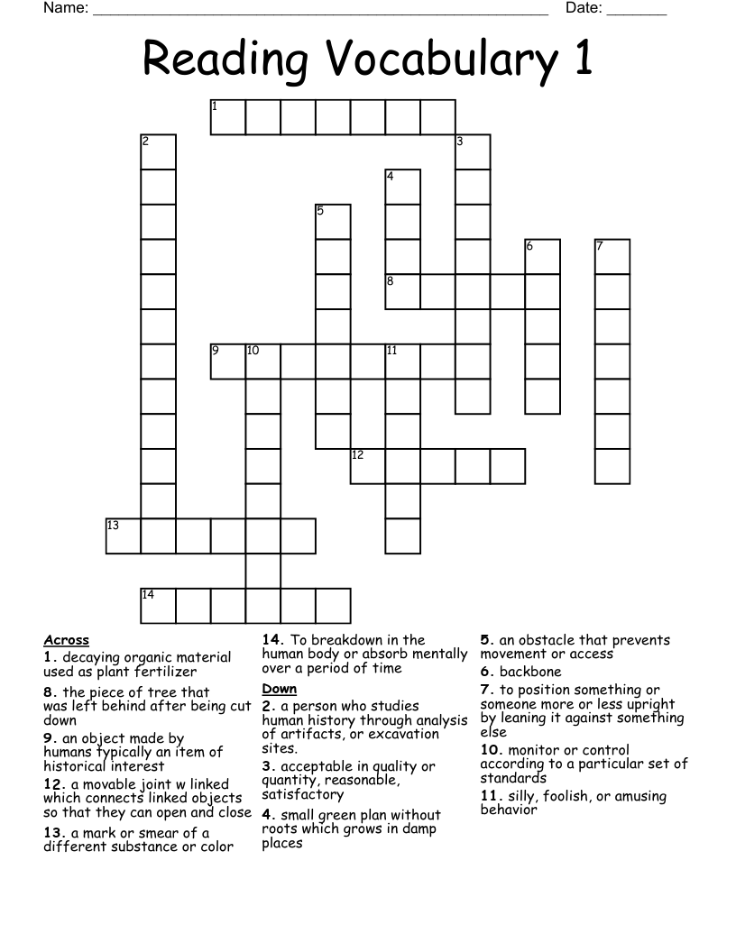Reading Vocabulary 1 Crossword
