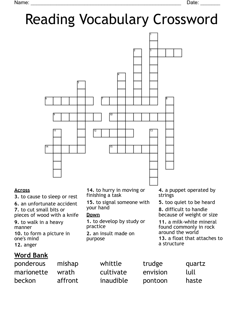 Reading Vocabulary Crossword