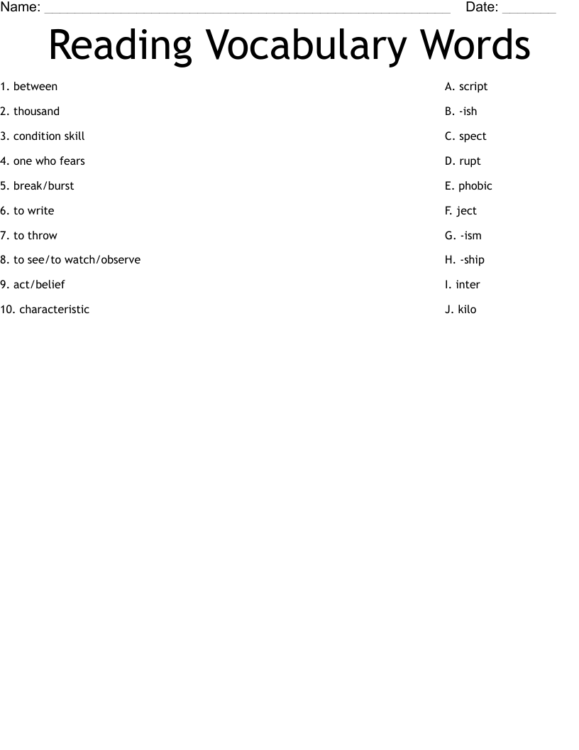 Reading Vocabulary Words Worksheet