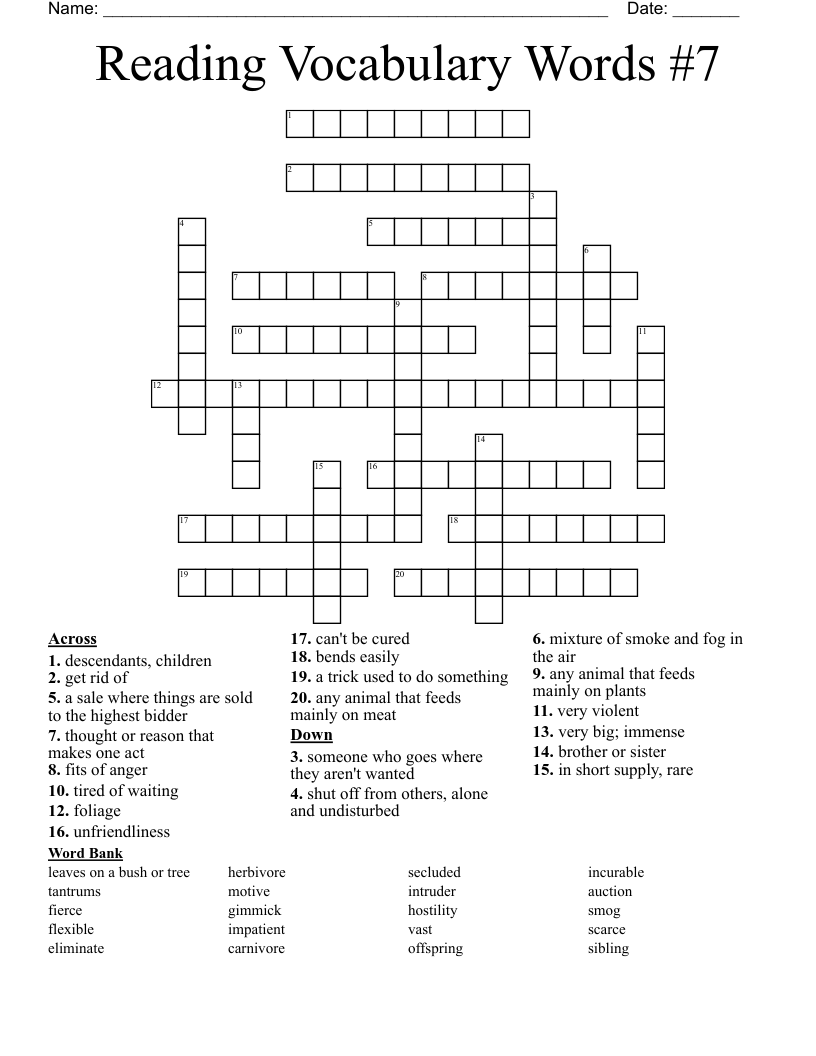Reading Vocabulary Words #7 Crossword