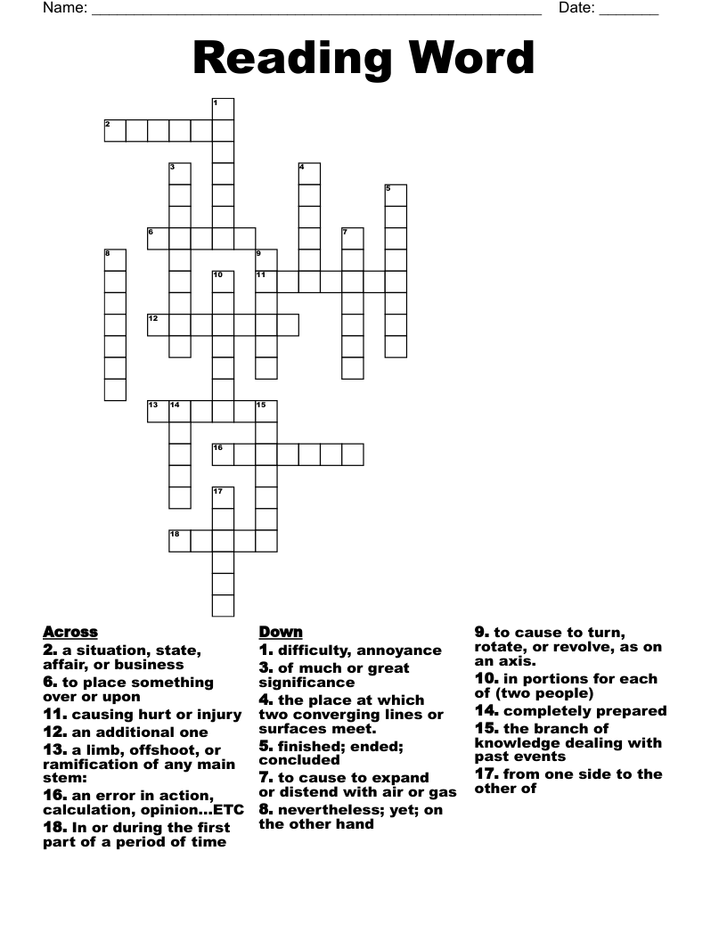 Reading Word Crossword
