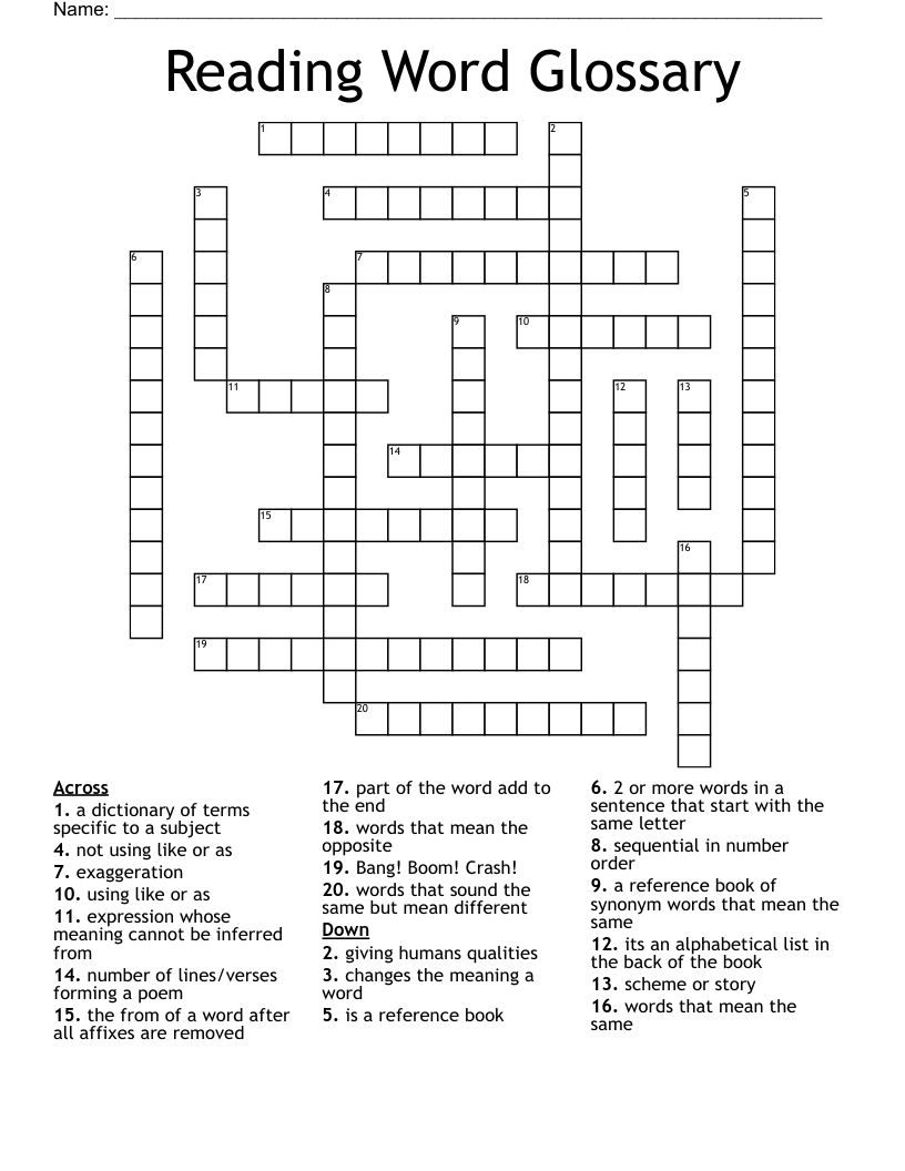 Reading Word Glossary Crossword