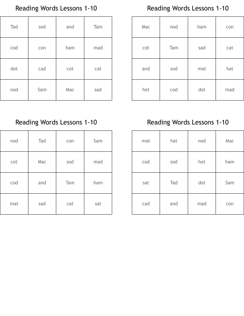 Reading Words Lessons 1-10 Bingo Cards
