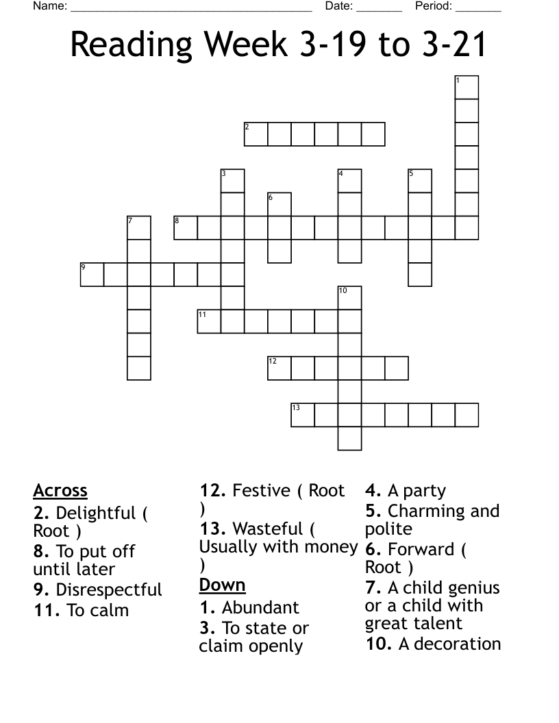 Reading  Week 3-19 to 3-21 Crossword
