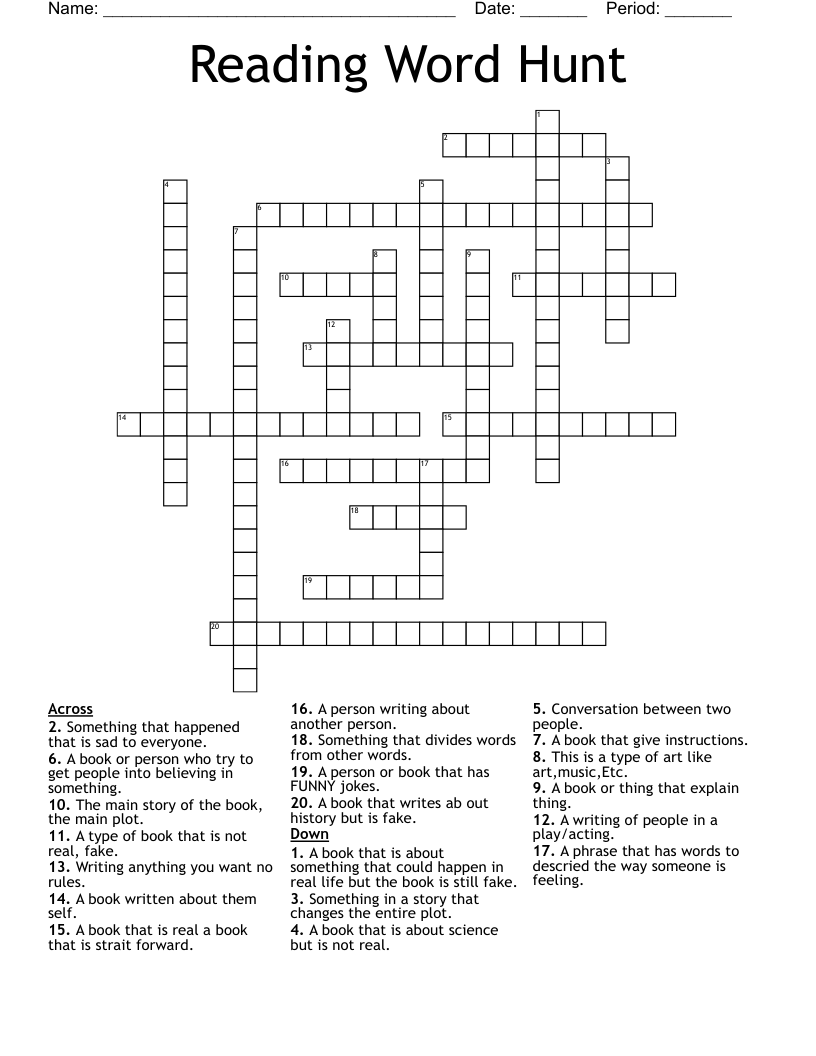 Reading  Word Hunt Crossword