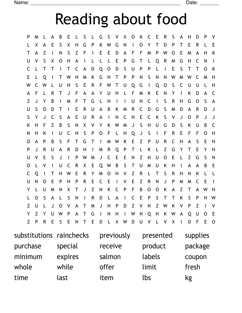 Reading  about food Word Search