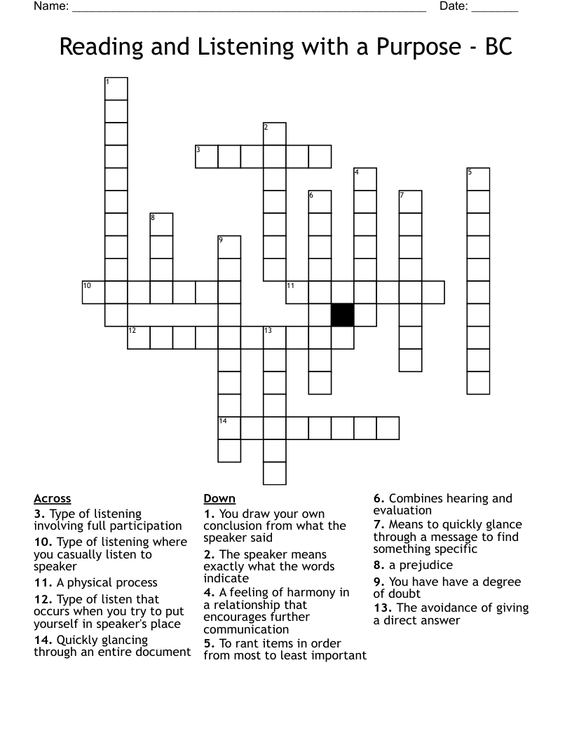 Reading and Listening with a Purpose - BC Crossword