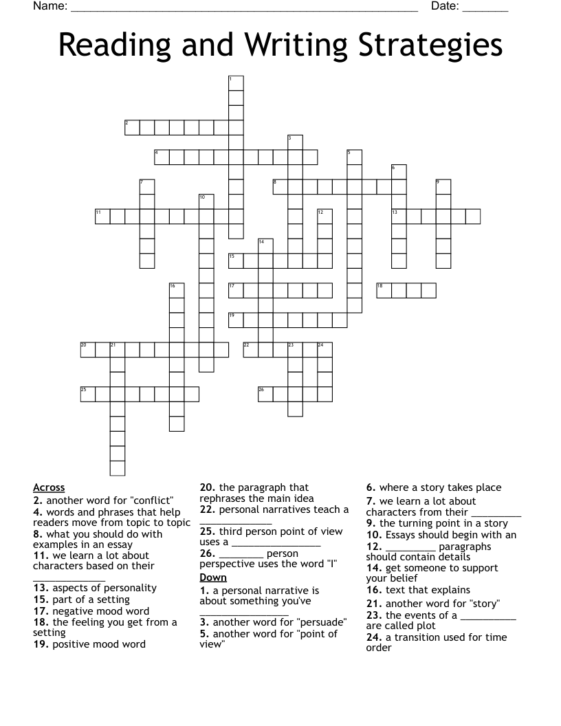 Reading and Writing Strategies Crossword