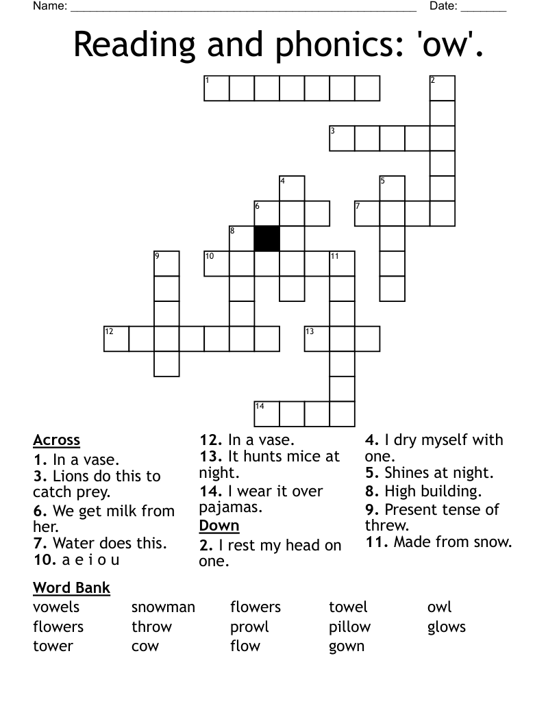 Reading and phonics: 'ow'. Crossword