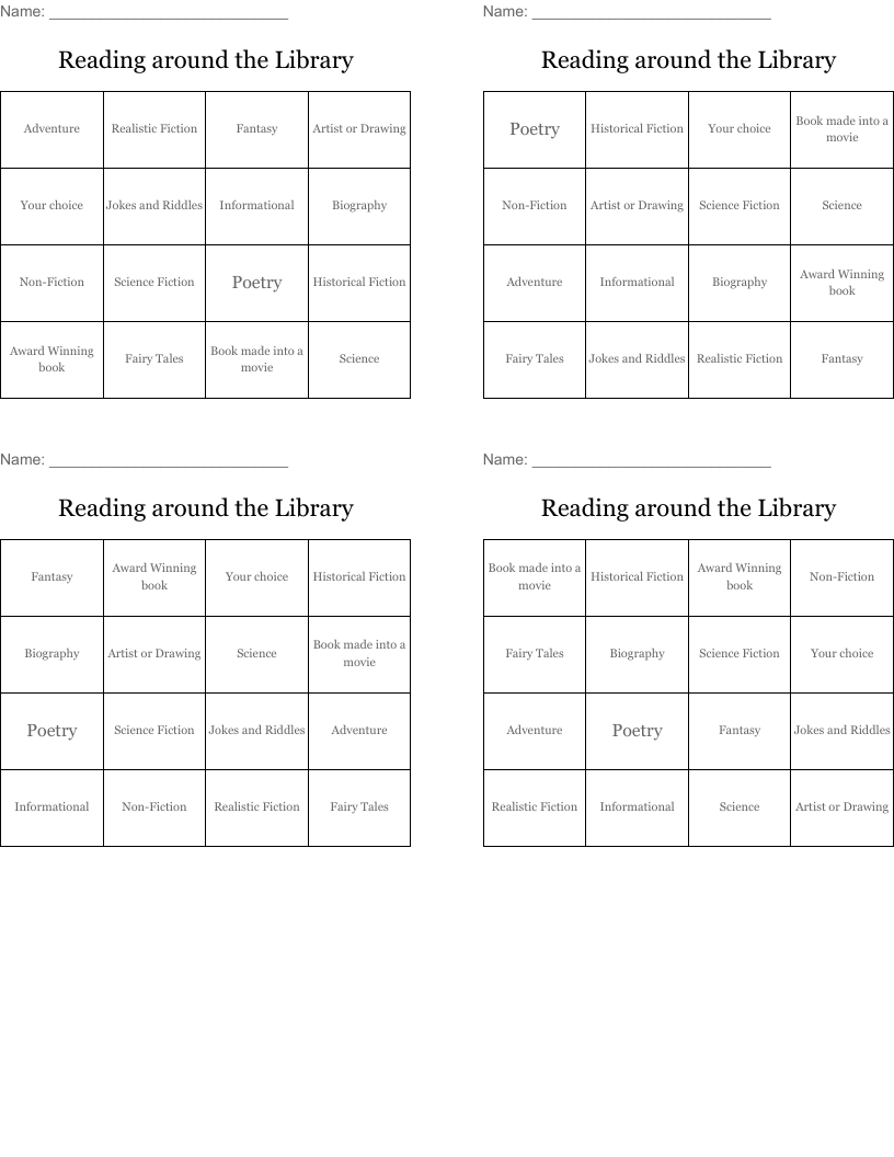 Reading around the Library Bingo Cards