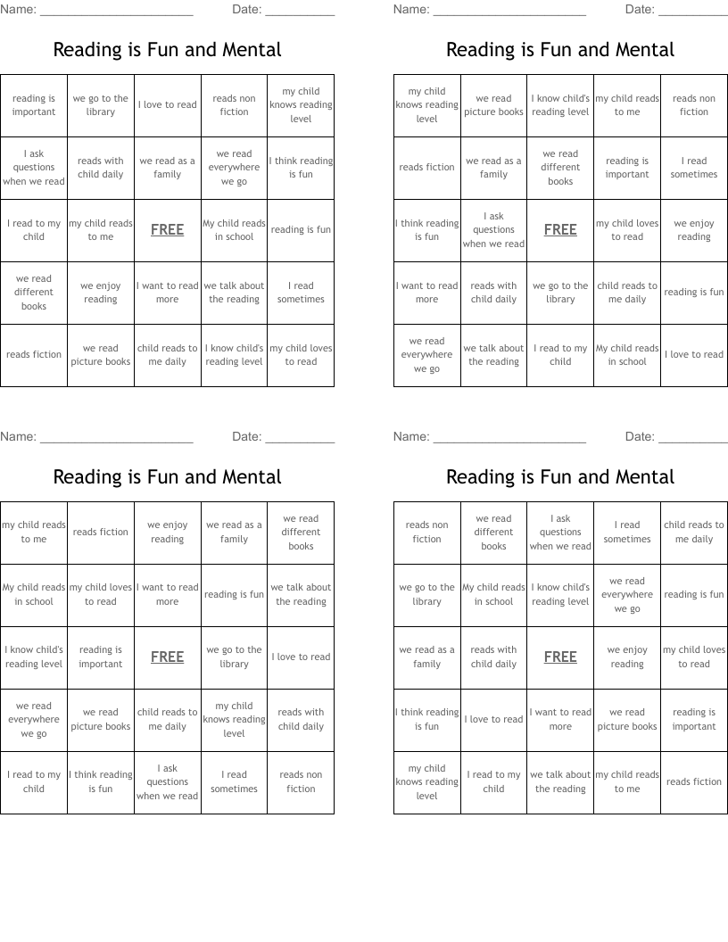 Reading is Fun and Mental Bingo Cards