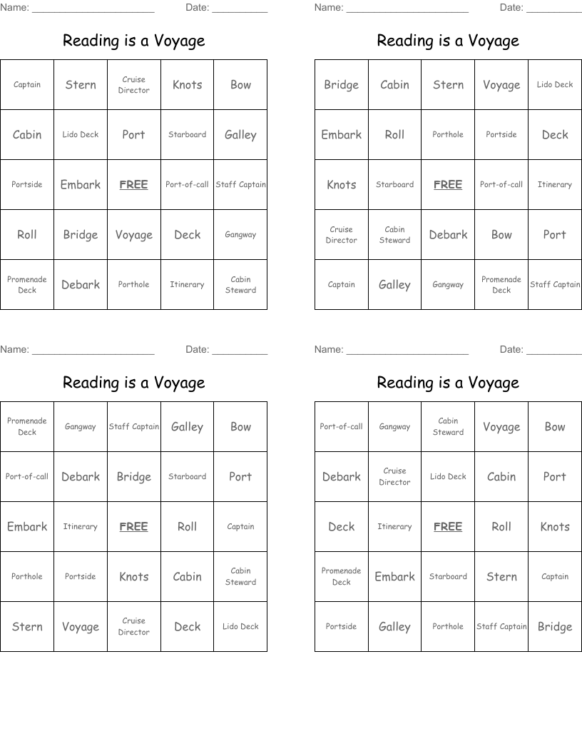 Reading is a Voyage Bingo Cards