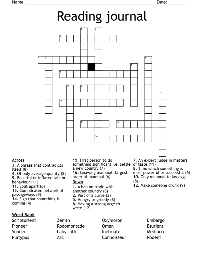 Reading journal Crossword
