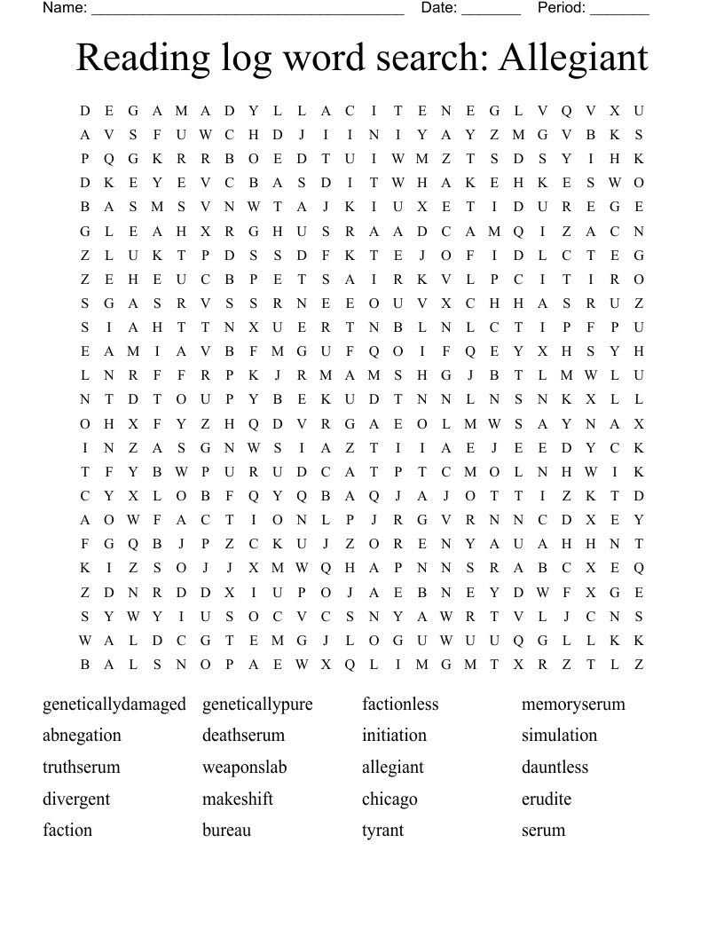Reading log word search: Allegiant