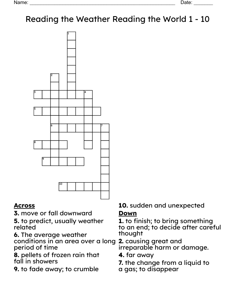 Reading the Weather Reading the World 1 - 10  Crossword