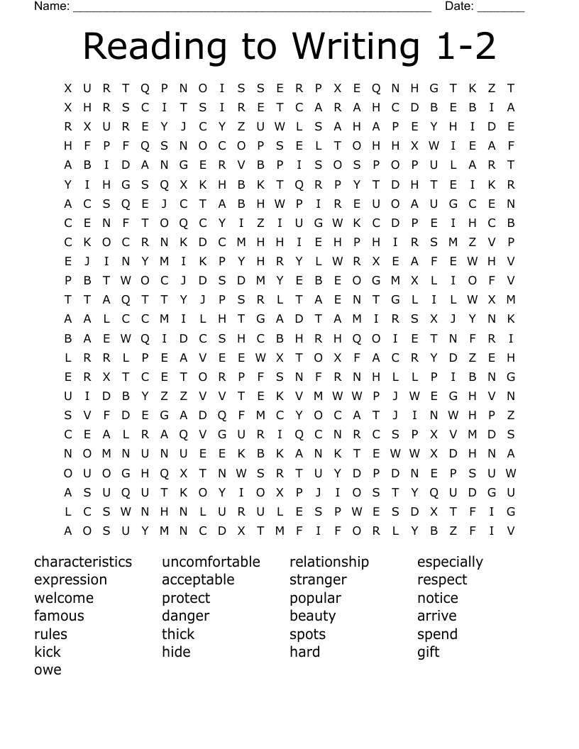 Reading to Writing 1-2 Word Search