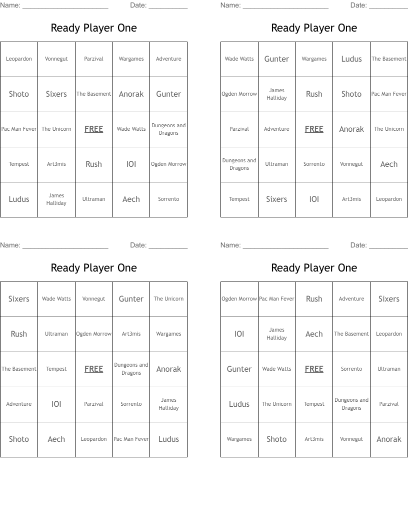 Ready Player One Bingo Cards