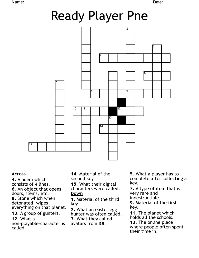 Ready Player Pne Crossword