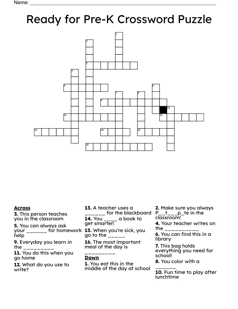 Ready for Pre-K Crossword Puzzle 