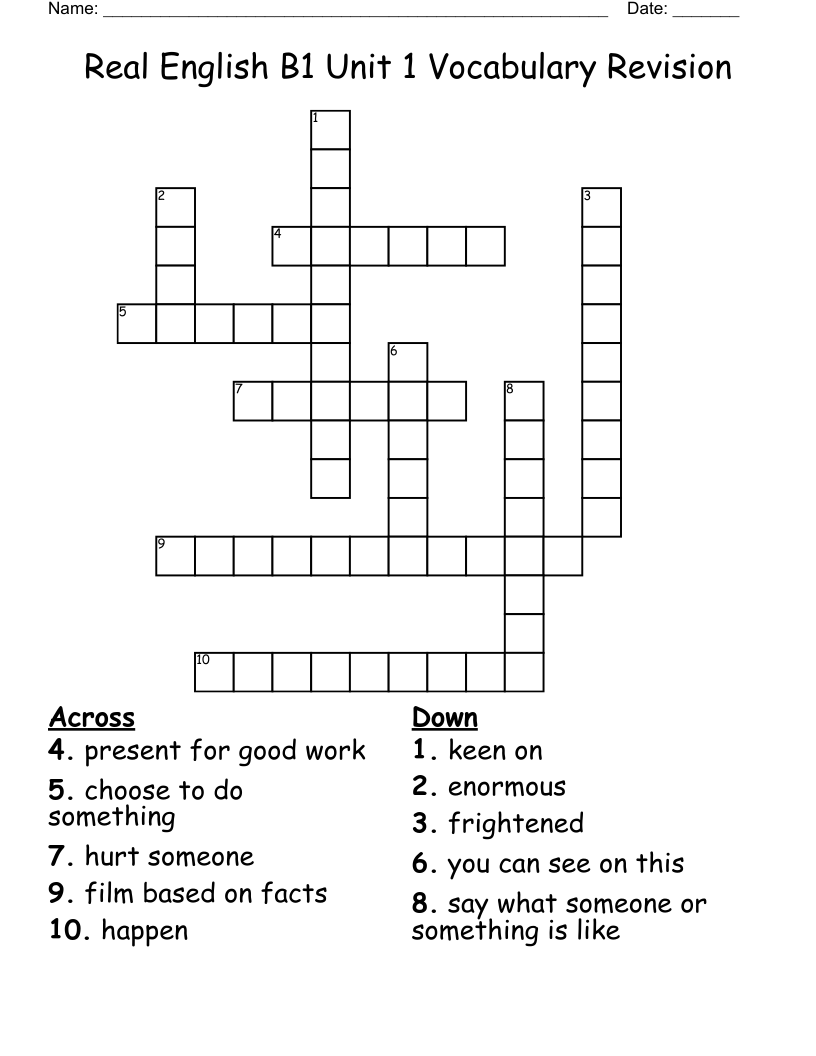 Real English B1 Unit 1 Vocabulary Revision Crossword