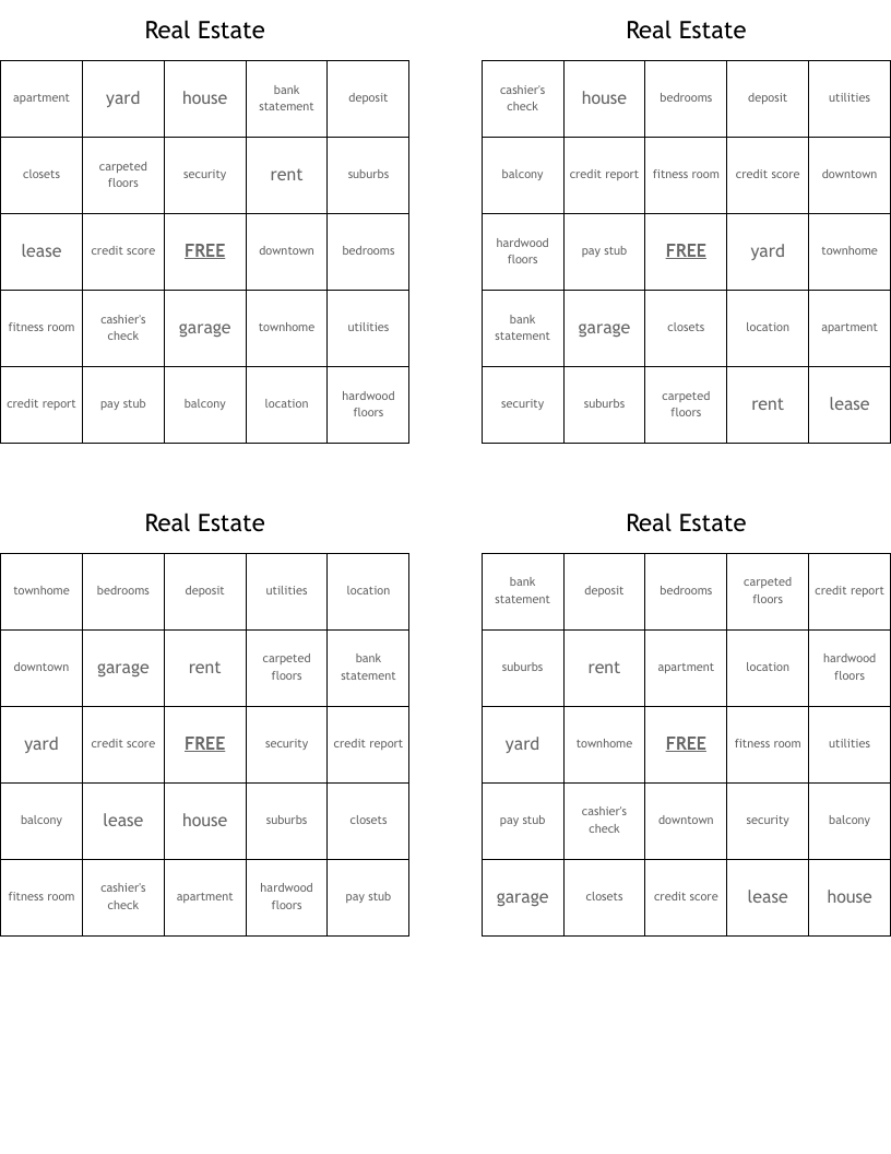 Real Estate Bingo Cards