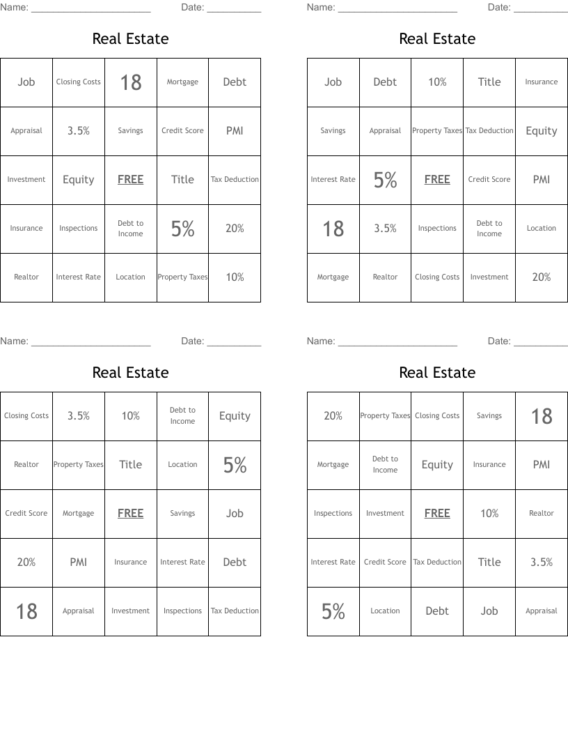 Real Estate  Bingo Cards