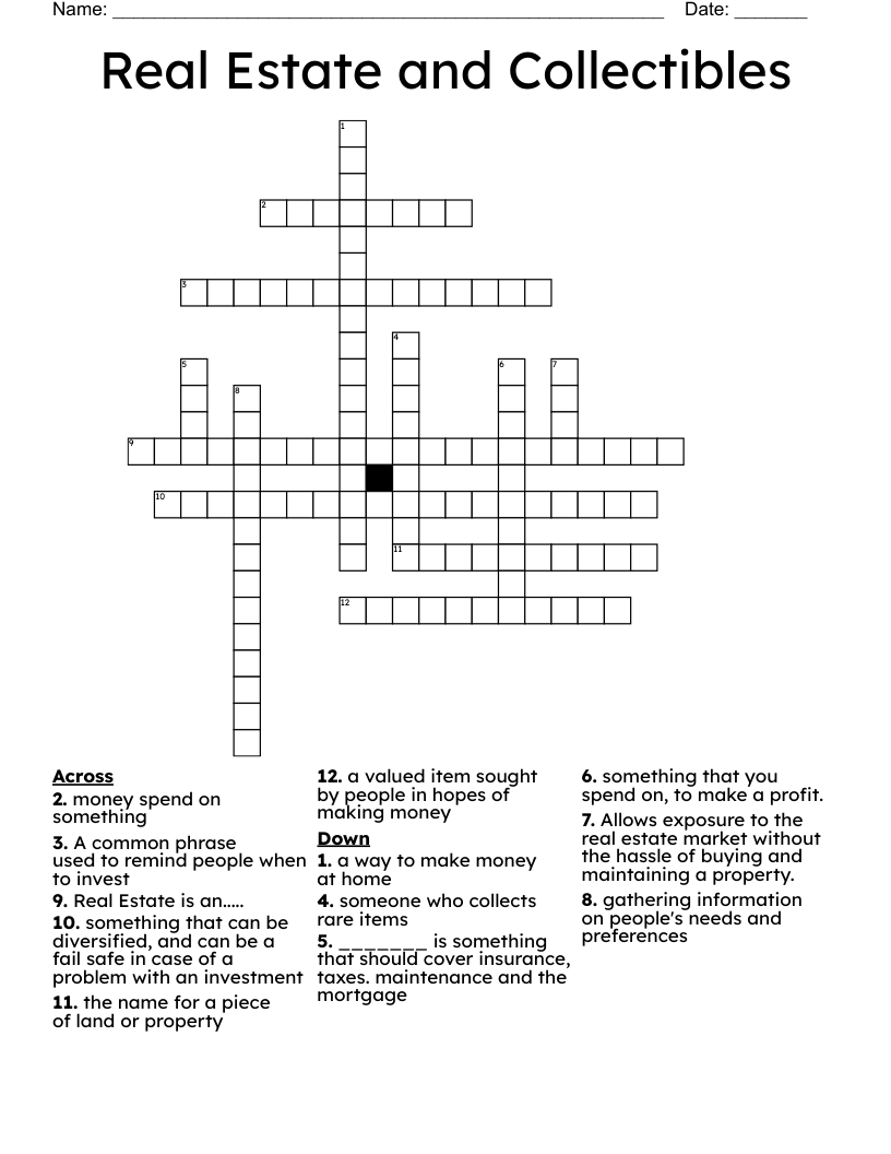 Real Estate and Collectibles  Crossword