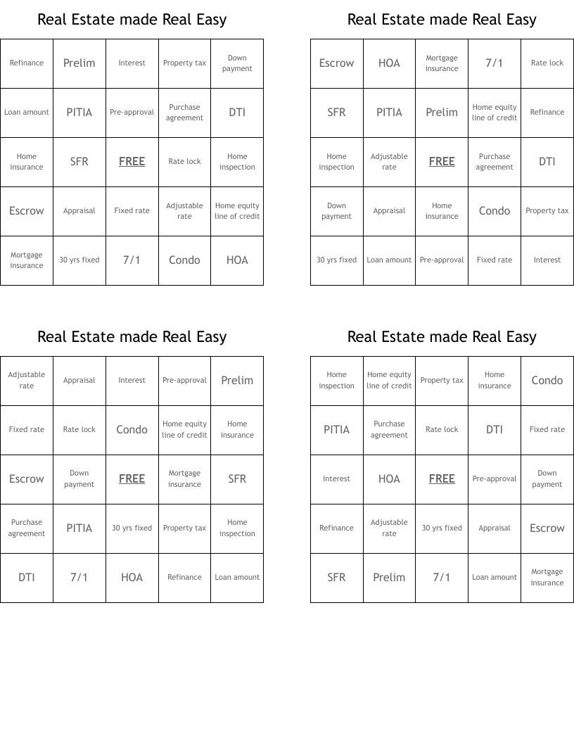 Real Estate made Real Easy Bingo Cards