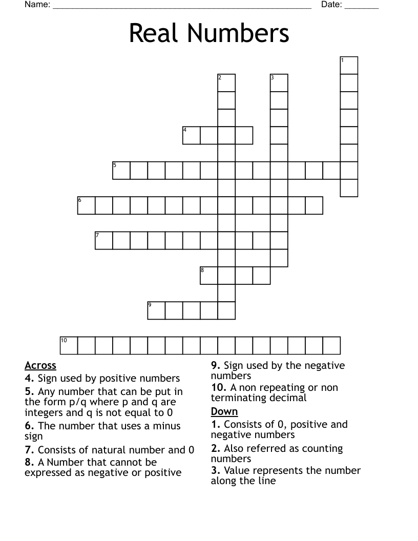 Real Numbers Crossword