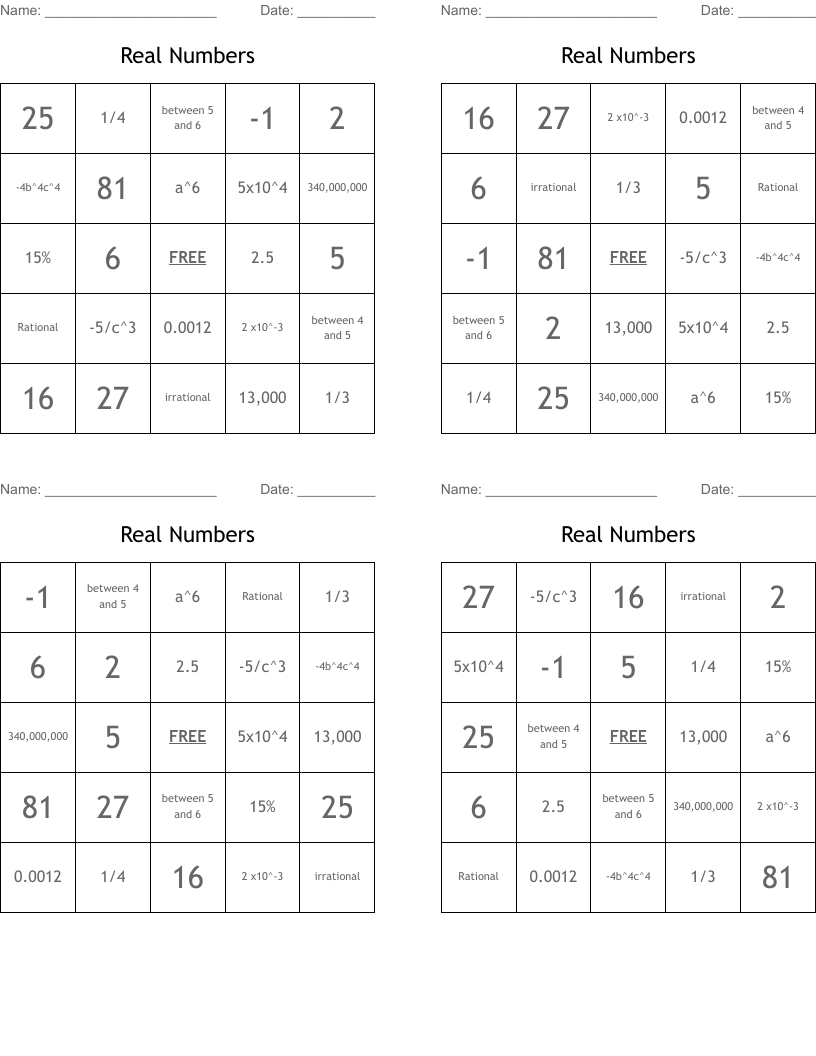 Real Numbers Bingo Cards