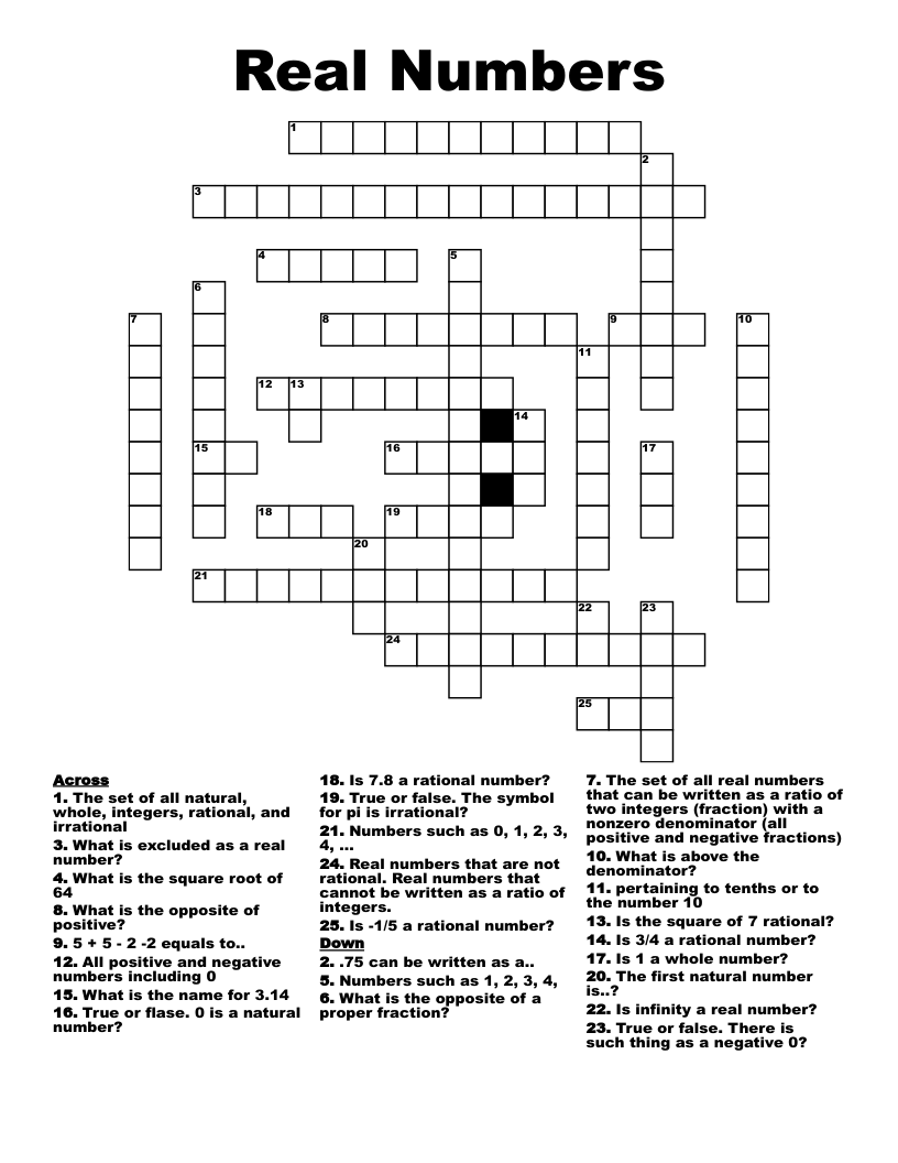Real Numbers Crossword