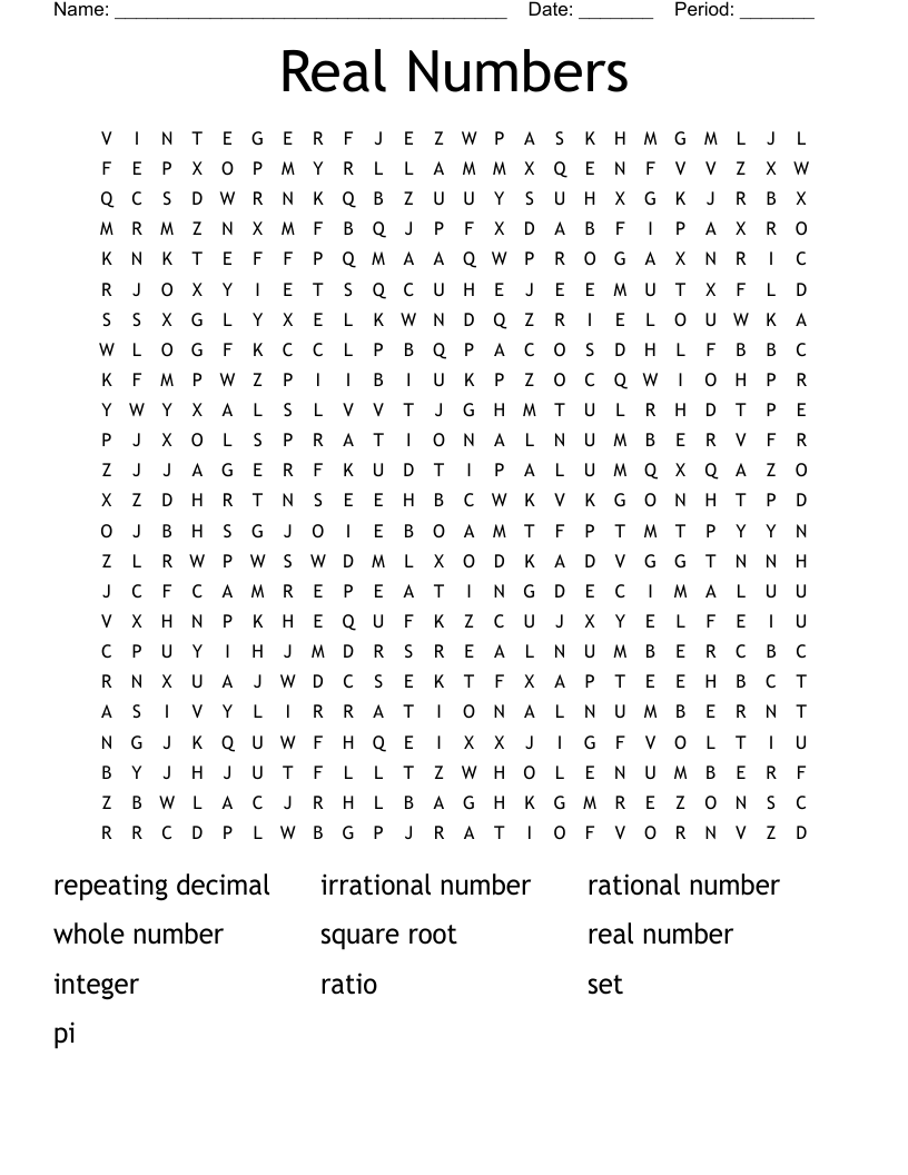 Real Numbers Word Search