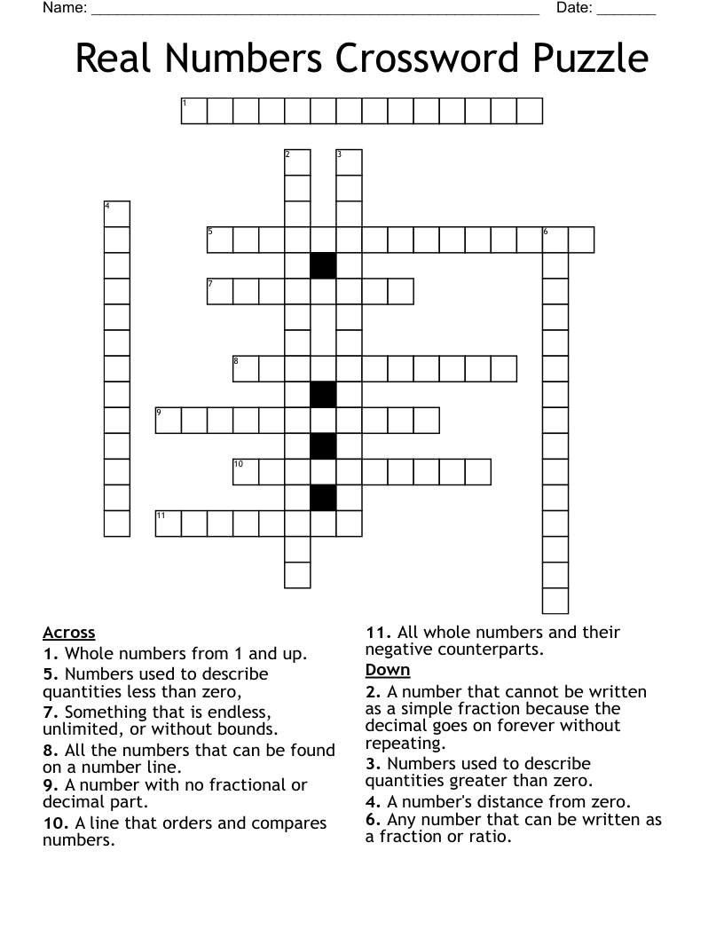 Real Numbers Crossword Puzzle