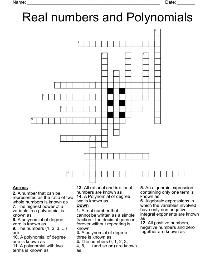 Real numbers and Polynomials Crossword
