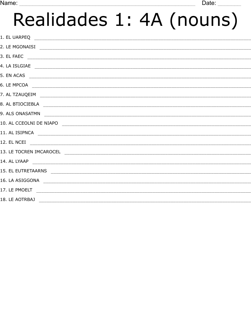 Realidades 1: 4A (nouns) Word Scramble