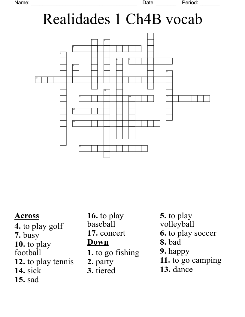 Realidades 1 Ch4B vocab  Crossword