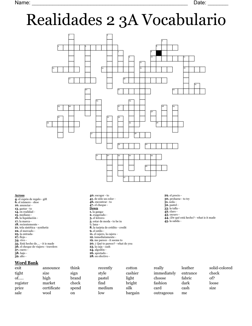 Realidades 2 3A Vocabulario Crossword