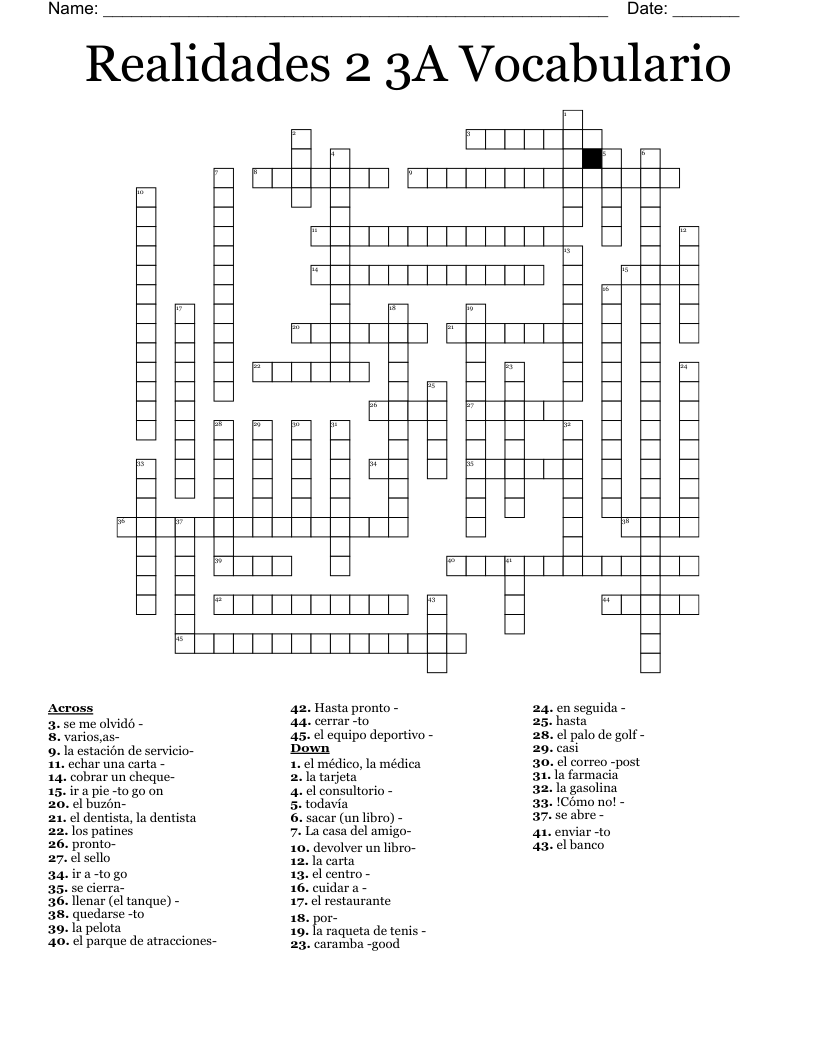 Realidades 2 3A Vocabulario Crossword