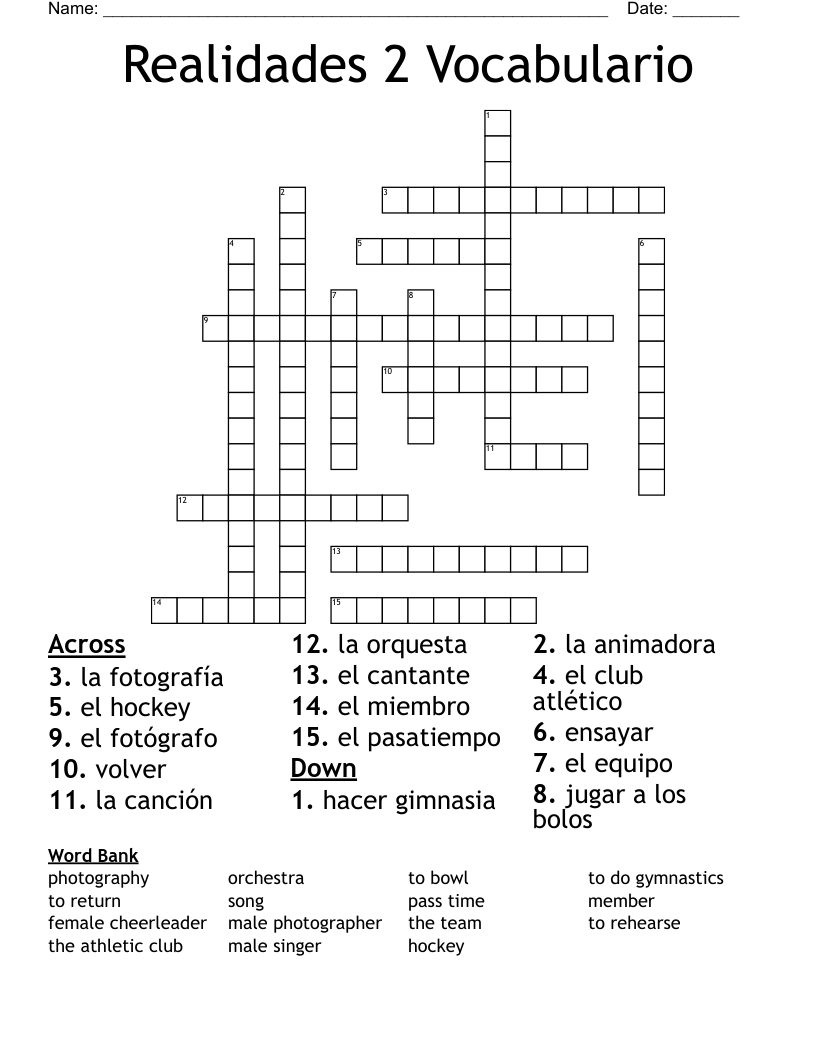 Realidades 2 Vocabulario Crossword